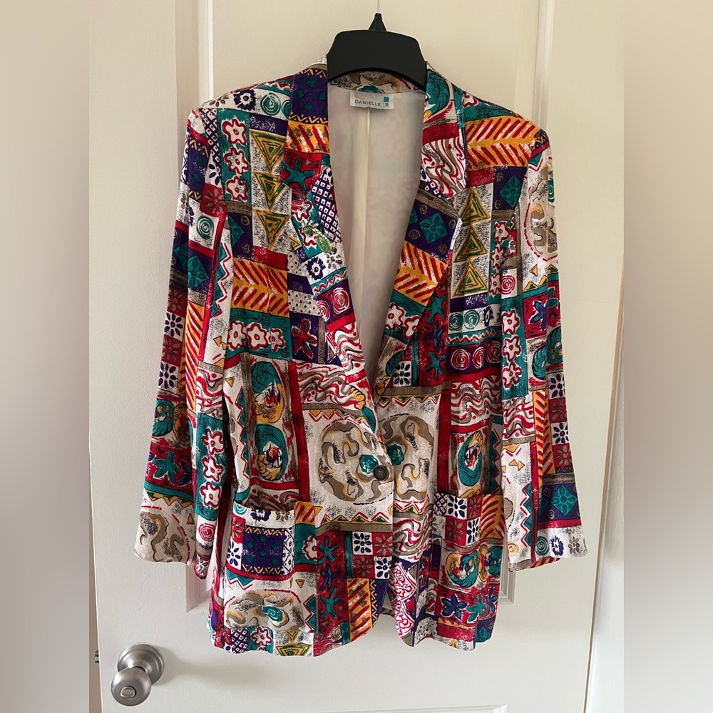 Vintage Colorful Patchwork Print Rayon Blazer with patch pockets Sz M